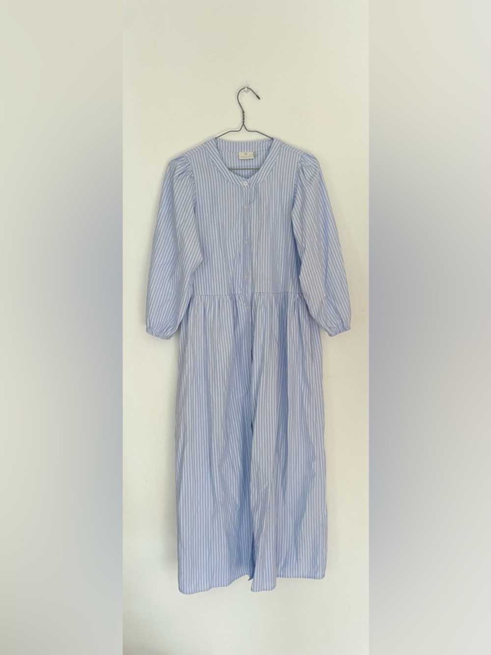 Blue Stripe Midi Dress Puff Sleeve Cotton Blend Size 36 Small - Picture 5 of 10